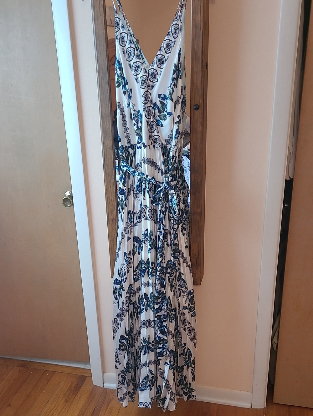 White Floral V-Neck Maxi Dress with Blue Print